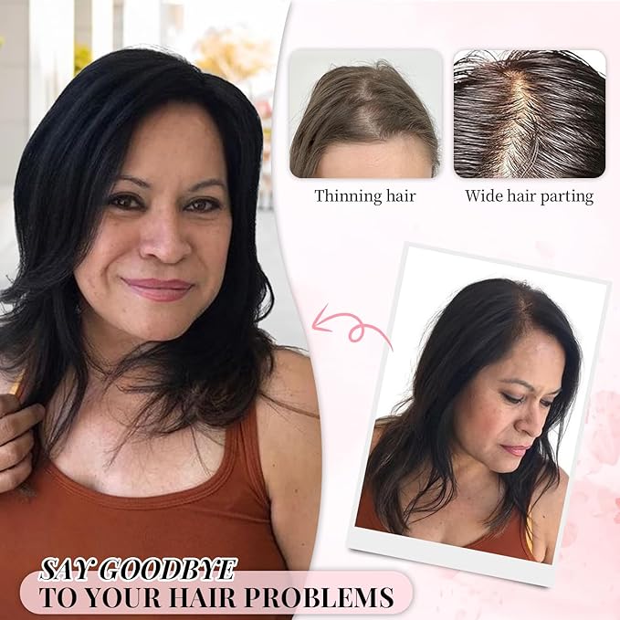 Fine Plus 16Inch Hair Toppers for Women Real Human Hair – Mono Base 3"x5", Natural Black Virgin Quality, for Thinning Crown & Wide Parting, Lightweight & Breathable, Add Volume Can Be Curled