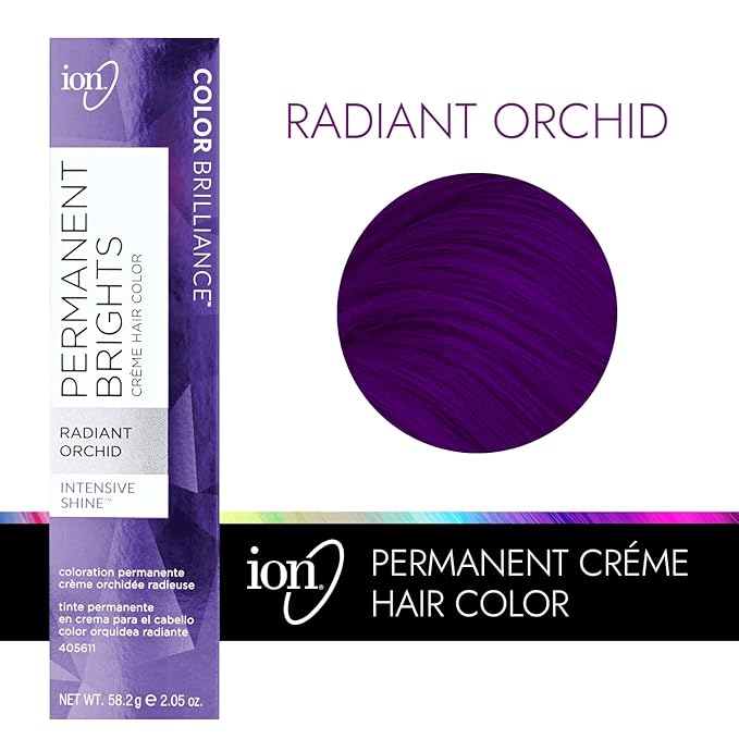 Ion Permanent Brights Creme Hair Color Radiant Orchid, Vegan, Cruelty Free, PPD Free, 100% Gray Coverage, Long Lasting, Fade Resistant Color, 2.05 oz