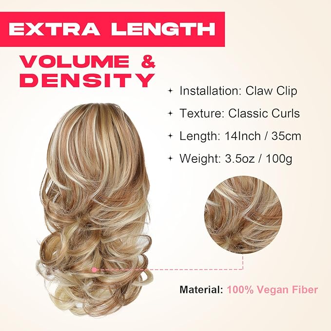 Ponytail Extension - 14" Claw Clip in Ponytail Hair Extensions Natural Soft Synthetic Layered Wavy Pony Tail Hair Pieces for Women - Copper with Highlights