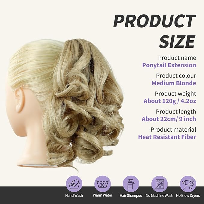 Blonde Ponytail Extensions,9" Short Curly Wavy Claw Clip Pony tails Hair Extensions Natural Soft Synthetic Hairpiece for Women