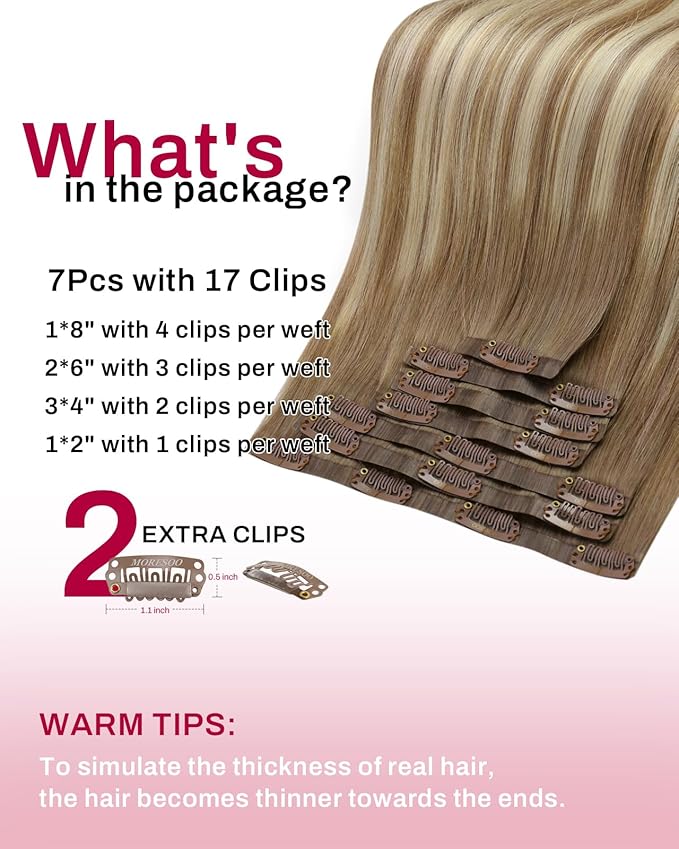 Moresoo Seamless Extensions Clip in Human Hair Light Brown Ombre Golden Blonde Seamless Balayage Clip in Hair Extensions Human Hair 7pcs/120g 22inch