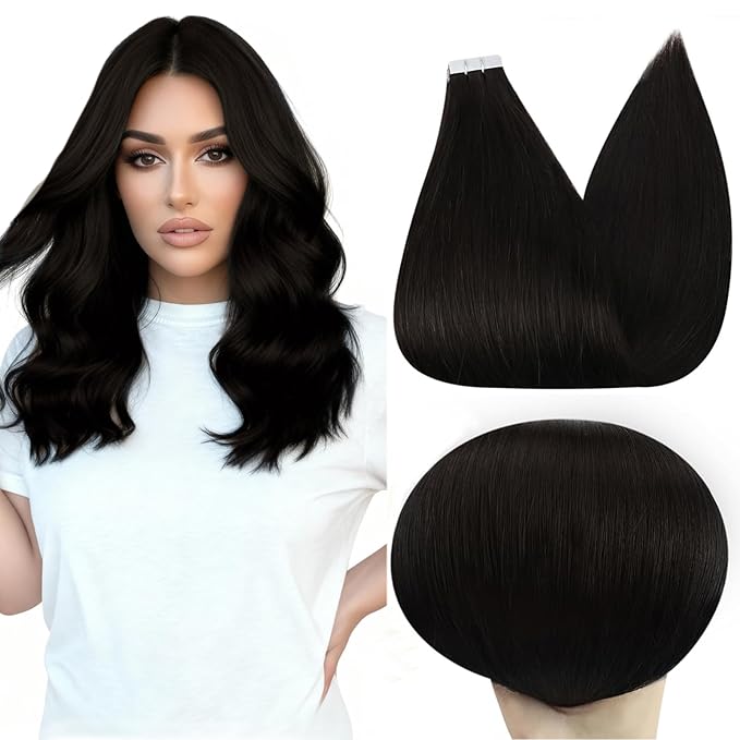 Full Shine Seamless Tape in Hair Extensions Human Hair 18 Inch Invisible Tape in Extensions Natural Real Hair Extensions Tape in Color Off Black 1B Remy Human Hair Extensions 20 Pcs for Party 50 Gram
