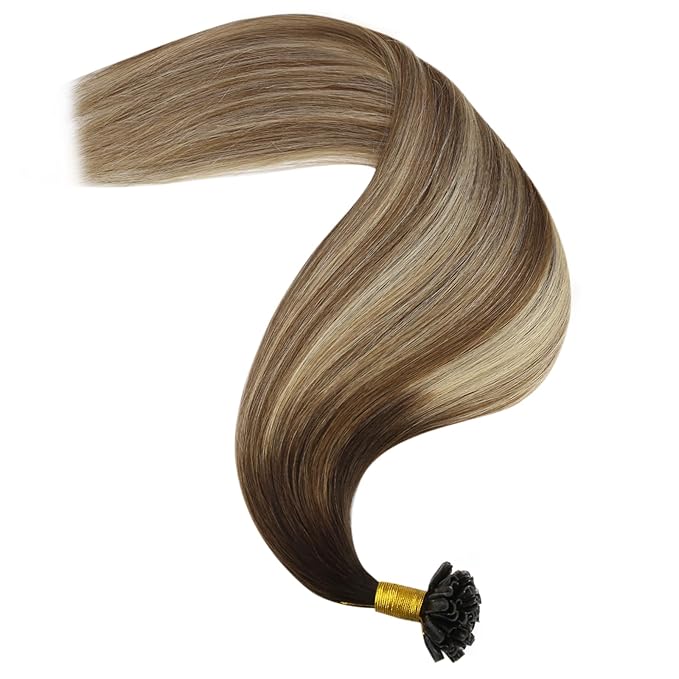 YoungSee Utip Hair Extensions Balayage U Tip Hair Extensions Real Human Hair Ombre Dark Brown to Brown with Blonde Silky Straight 16In 50s/50g