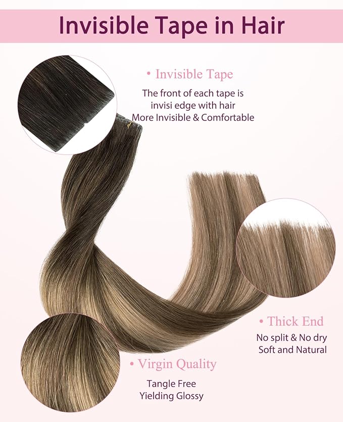 Pinkpearl Invisible Tape in Hair Extensions Human Hair, 20pcs 18inch 50g #2/6/18 Balayage Dark Brown to Chestnut Brown and Ash Blonde Injection Tape in Extensions Real Remy Human Hair Injected