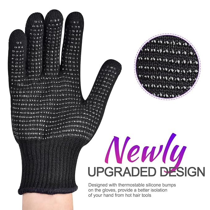 Sopito Heat Resistant Gloves with Silicone Bumps, Professional Heat Gloves for Hair Styling Curling Iron Wand Flat Iron, Black