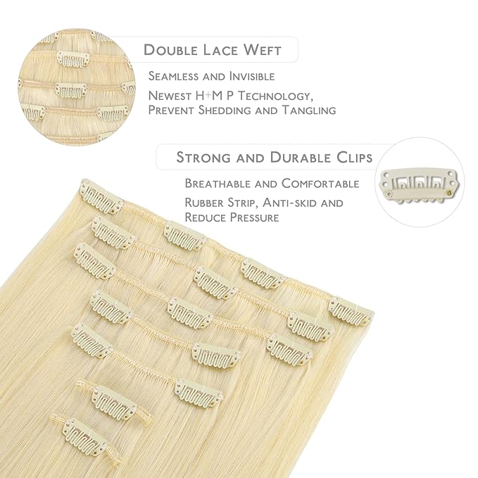 WENNALIFE Clip in Hair Extensions Real Human Hair, 20 Inch 120g 7pcs Human Hair Extensions Clip In Human Hair, Bleach Blonde Hair Extensions Clip In Real Hair Coloured Remy Human Hair Extensions