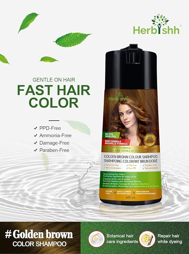 Herbishh Golden Brown 3 in 1 Hair Dye Shampoo 400 ML PPD Free + Hair Color Stain Protector – Dye Shield or Defender for Skin