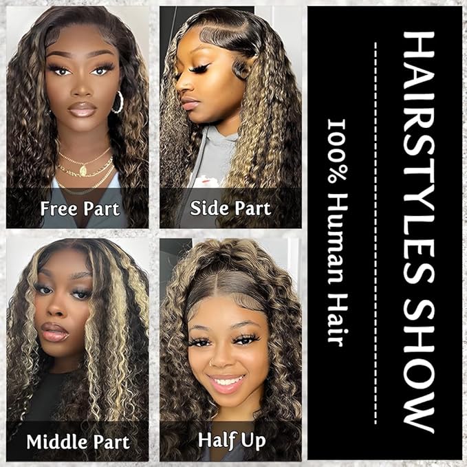 bangjazz Highlight Ombre Lace Front Wig Human Hair Pre Plucked 13x4 Fb/27 Colored Deep Wave Lace Front Wigs Human Hair 20 Inch 180% Density HD Lace Frontal Wigs for Black Women Glueless Wig