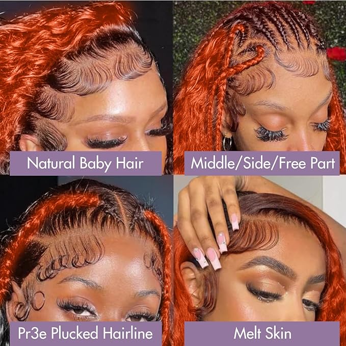 250 density Ginger Deep Wave Lace Front Wigs Human Hair Pre Plucked Hairline Glueless Wigs for Women 13x6 HD Lace Front Wigs Ginger Orange Curly Human Hair Wig Brazilian Hair 30 Inch