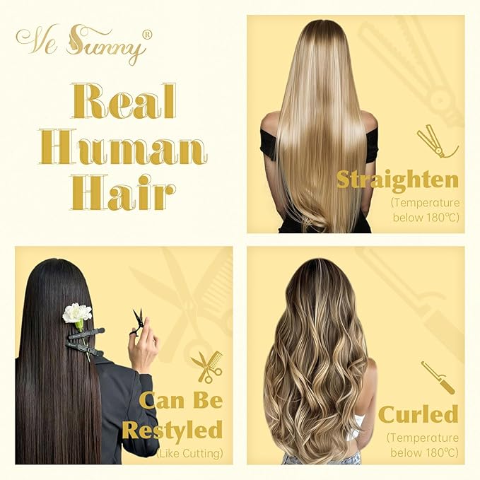 Ve Sunny 24 inch Clip in Hair Extensions Ash Grey Balayage Platinum Blonde Human Hair Clip in Extensions Straight Ombre Full Head Hair Remy Human Hair 7pcs 120g