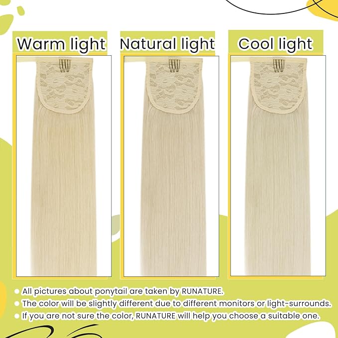 RUNATURE Blonde Ponytail Extension Human Hair, Wrap Around Real Hair Ponytail Extension, Straight Remy Human Hair Ponytail for Women 16 Inch 80g #800 Platinum Blonde