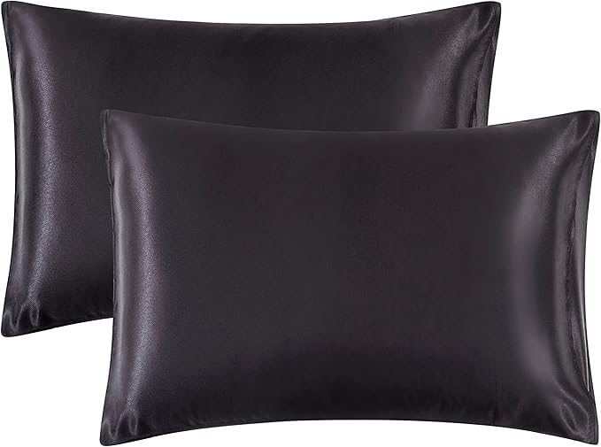 Black Satin Pillowcase Standard Set of 2 with Envelope Closure，Black Silk Pillowcase for Hair and Skin (20x26)