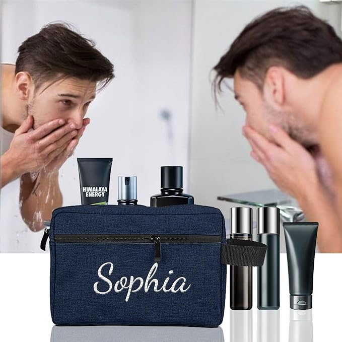 Personalized Toiletry Bag for Men, Embroidered Name Mens Toiletry Travel Bag, Waterproof Canvas Shaving Bag with Large Capacity, Custom Men Hanging Toiletries Bag for Traveling (Dark Blue)