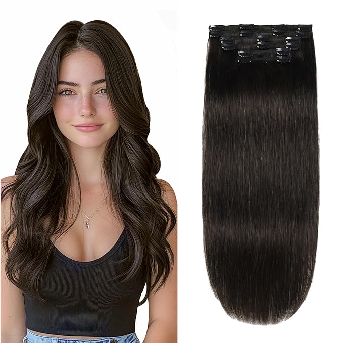 XDhair Clip in Hair Extensions Real Human Hair 14 Inch 100g 6pcs Human Hair Extensions Clip Ins for Women Natural Black #1B