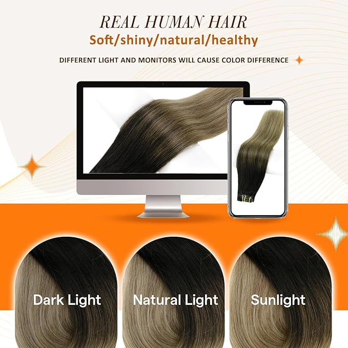 Full Shine Clip in Hair Extensions Black Ombre Real Hair Clip in Extensions Balayage Light Brown Mix Blonde Seamless Hair Extension Softness 18 Inch 8 PCS 120 G