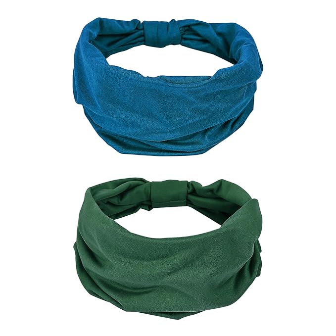 GiLi 2 Pack Wide Headbands for Women Boho African Knotted Non Slip Fashion Hair Bands Yoga Running Sports Workout Gym Head Wraps Elastic Soft Cotton Cloth Turbans Bandana for Girls (Dark Green, Teal)