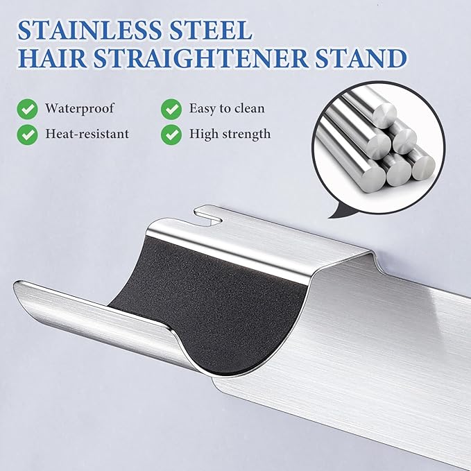 2 PCS Wall Mount Curling Iron Holder and Hair Tool Organizer with Adhesive, Multifunctional Hot Flat Iron and Hair Straightener Holder Storage Stand for Vanity, Cabinet and Wall, Silver