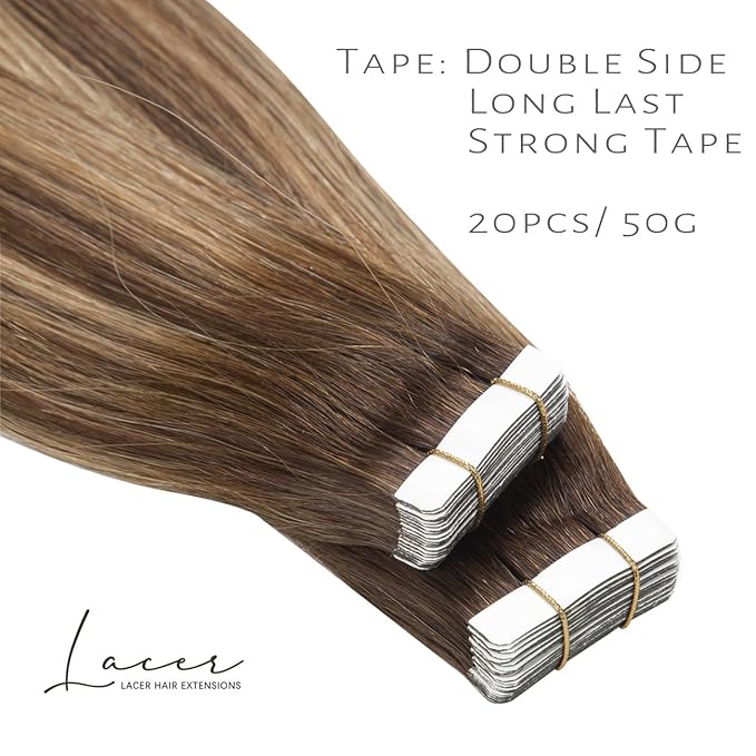 Lacer Tape in Hair Extensions Chocolate Brown to Dark Caramel Blonde Adhesive Tape in Hair Extensions Remy Human Hair 20 Pcs 50 Grams 22 Inch