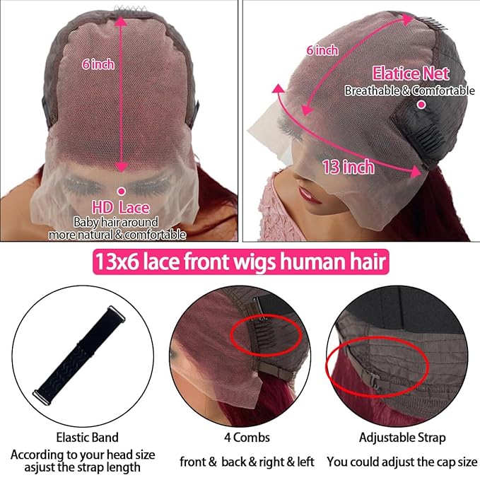 13x6 Straight Burgundy HD Lace Front Wigs Human Hair Red Lace Frontal Wigs Human Hair Pre Plucked Straight Glueless Wigs Human Hair Pre Plucked 200 Density 26 Inch