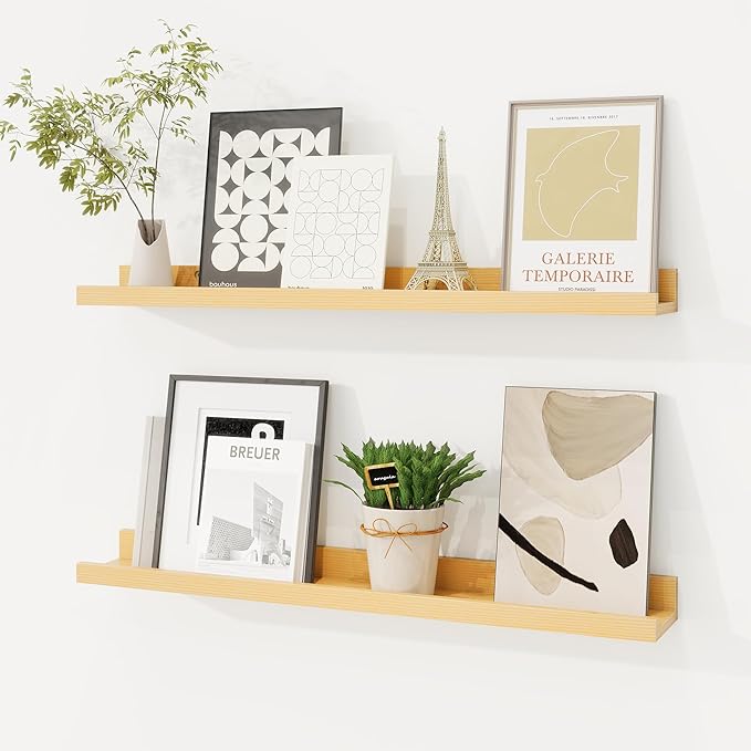 Picture Ledge Shelf, Solid Pine Wood Floating Shelves Set of 2, 24 Inches Nursery Book Shelves for Toys Storage, Kids Bookshelf Wall Mounted for Living Room Bedroom Decor Books Photo Frames, Natural