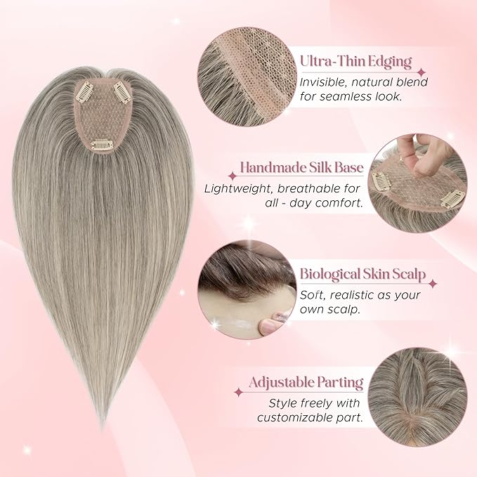 Real Human Hair Toppers for Women 3.54"*4.72" Silky Base 150% Density No Bangs Adjustable Parting Clip-In Topper Hairpieces for Women with Thinning Hair 10 Inches White Mixed Natural Black