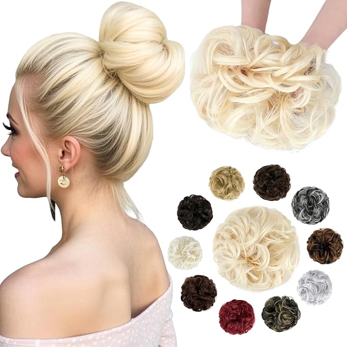 Messy Bun Hair Piece Wavy Curly Scrunchies Fluffy Donut Thick Updo Elegant Chignon Hairpieces for Women Girls, Bleach Blonde 1.4oz