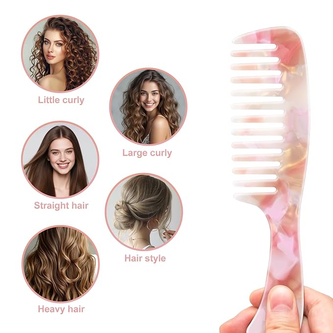 Large Wide Tooth Hair Comb, LADYAMZ [Tortoise Shell] Cellulose Acetate Round Tooth Comb for Straight/Curly Hair,Short/Long Hair Women Men or Kids, Easy Detangling Wet or Dry, Anti-static (Purple)