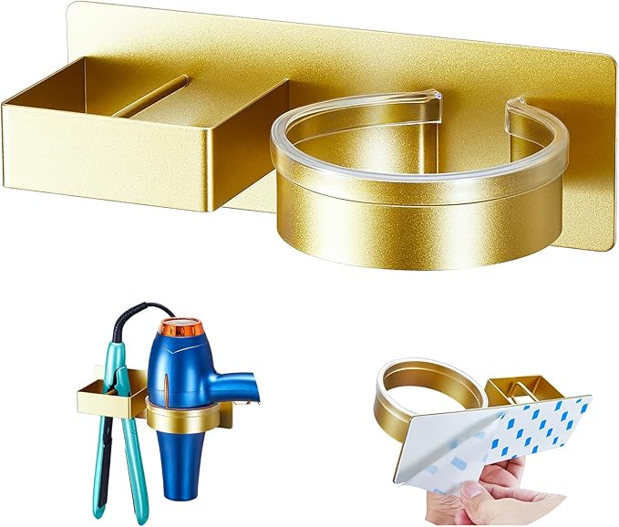 Blow Dryer Holder Wall Mounted, Hair Straightener Holder, Hair Dryer Holder Adhesive, Hair Tool Organizer for Flat Iron, Hairdryer, Curling Iron Holder for Bathroom Vanity Barber Shop (Gold)