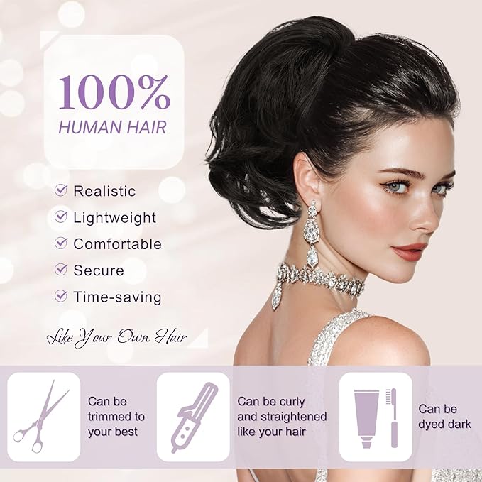 RUWISS Claw Clip Short Human Hair Ponytail Extension with Bendable Metals for DIY Styles Straight Messy Bun Hair Piece for Women Hairpieces for Daily Wear,9 Inch Light Brown Highlighted Dark Brown