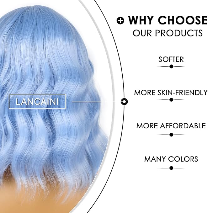Short Bob Wigs with Bangs for Women Loose Wavy Wig Curly Wavy Shoulder Length Bob Synthetic Cosplay Wig for Girl Colorful Costume Wigs (Light Blue)