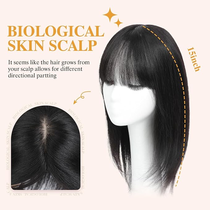 YAMI Hair Toppers for Women 8x9inch Skin Scalp Hair Topper with Bangs 15 Inch HairPieces for Women with Hairloss (Natural Black)