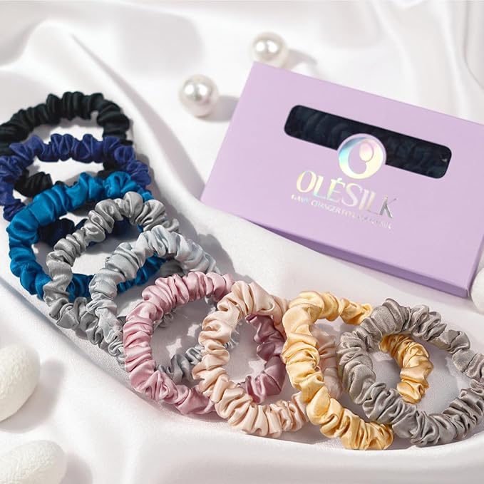 OLESILK Silk Hair Tie - 100% Mulberry Silk Scrunchies, Soft and Gentle Hair Accessories, Skinny for Women with Thin Fine Hair, 3 Count, Brown