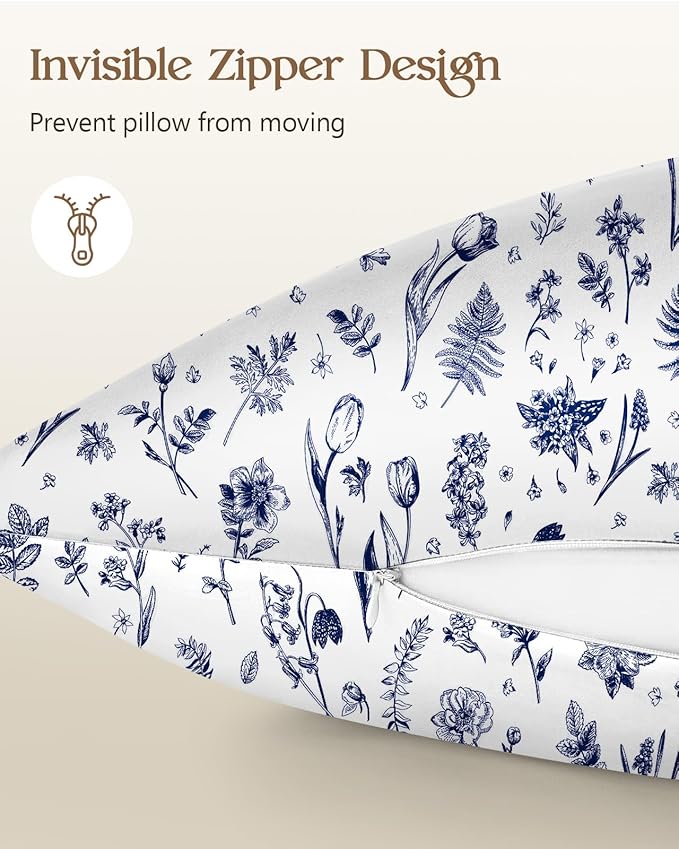 2 Pack Mulberry Silk Pillowcase for Hair and Skin - Standard Size 20 x 26 Inches with Hidden Zipper Blue Line Flower 19 Momme Soft Sleeping Silk Pillow Case for Women, Moms