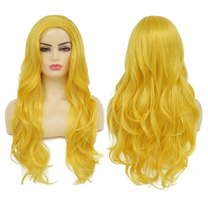 Baruisi Long Curly Wavy Yellow Wigs for Women Side Part Natural Looking Cosplay Synthetic Fiber Wig Heat Resistant Replacement Wig