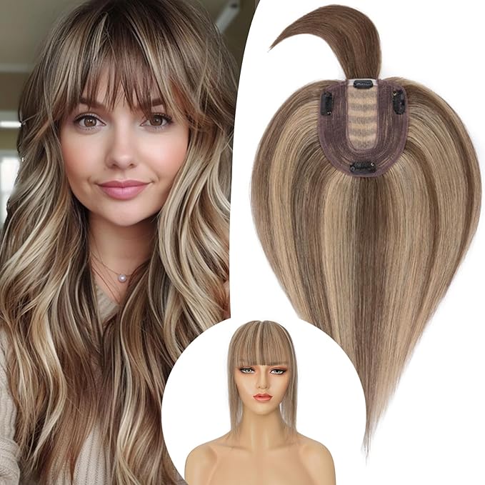 Rich Choices Real Human Hair Toppers for Women With Bang 100% Remy Human Hair Topper for Thinning Hair Clip in Silk Base Hair Topper 10 Inch #4P27 Medium Brown Mix Dark Blonde
