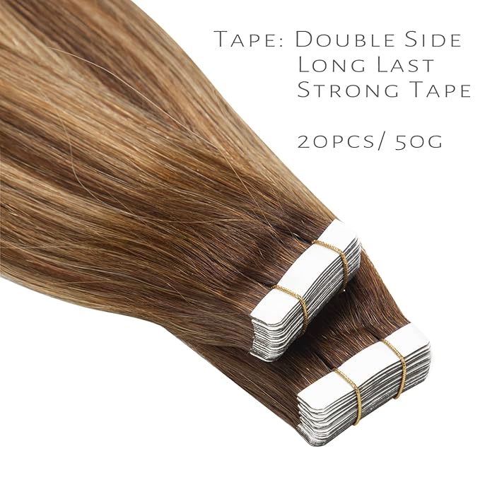 Lacer Hair Extensions Human Hair Tape in 18 Inch Highlight Chocolate Brown to Caramel Blonde with Brown Roots Tape in Real Human Hair Extensions R#4-4/27