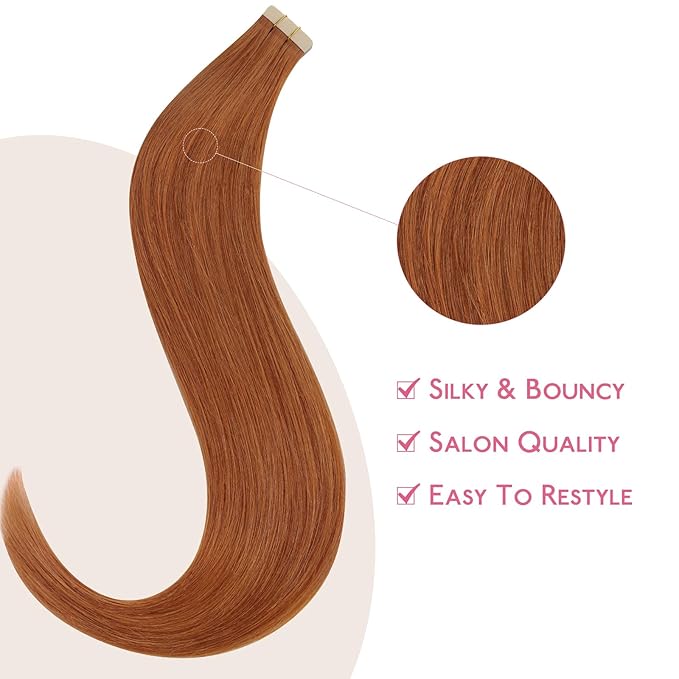 WENNALIFE Tape in Hair Extensions Human Hair Dirty Ginger 10pcs 25g 16 inch Remy Invisible Tape Ins Straight Colored Soft Real Human Hair Tape in Extensions Refill Set Extensions