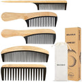 5 Pcs Handmade Bamboo Anti-Static Comb Set for Women and Men - Wide Tooth, Rat Tail, and Fine Tooth Combs for Long, Short, Thick, Thin, Wavy, and Curly Hair Detangling (Natural + Black)