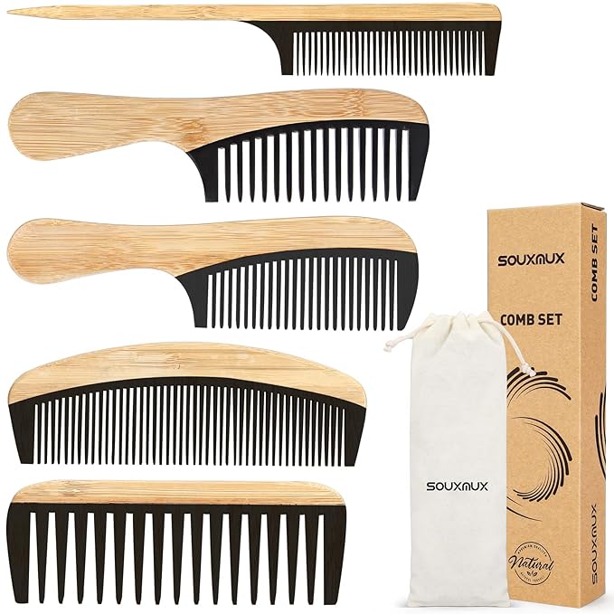 5 Pcs Handmade Bamboo Anti-Static Comb Set for Women and Men - Wide Tooth, Rat Tail, and Fine Tooth Combs for Long, Short, Thick, Thin, Wavy, and Curly Hair Detangling (Natural + Black)