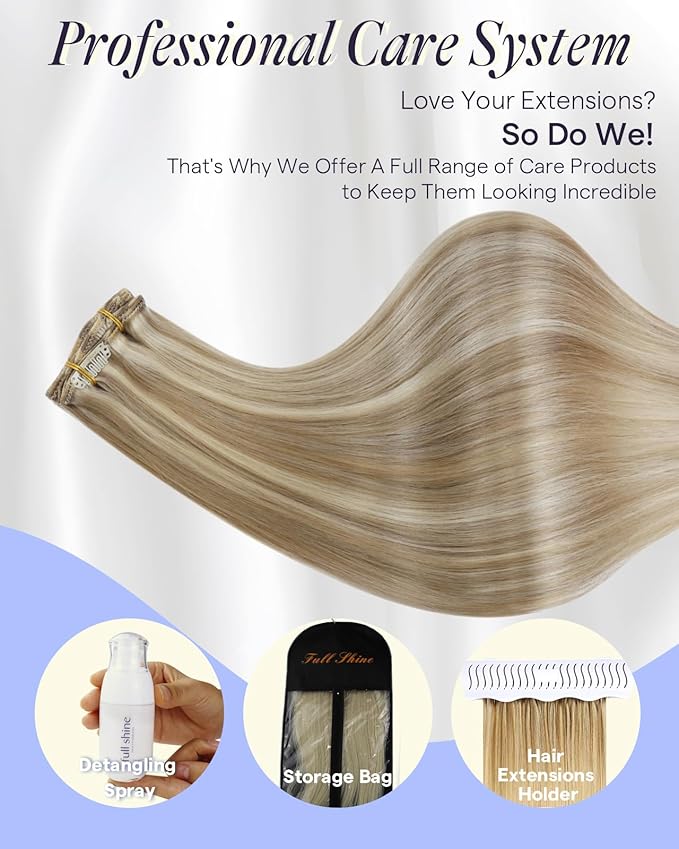 Full Shine Clip in Extensions 20 Inch Golden Blonde Mix Light Blonde Thick Human Hair Extensions Full Head Clip in Human Hair Remy Straight Hair 7 Pcs