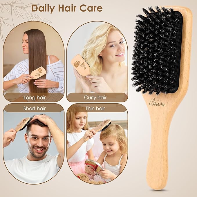 Bsisme Hair Brush, Boar Bristle Hair Brushes for Women Men Kid, Natural Bristles Paddle Brush for Thin Fine Hair, Restore Shine and Texture, Enhance Hair Shine and Health