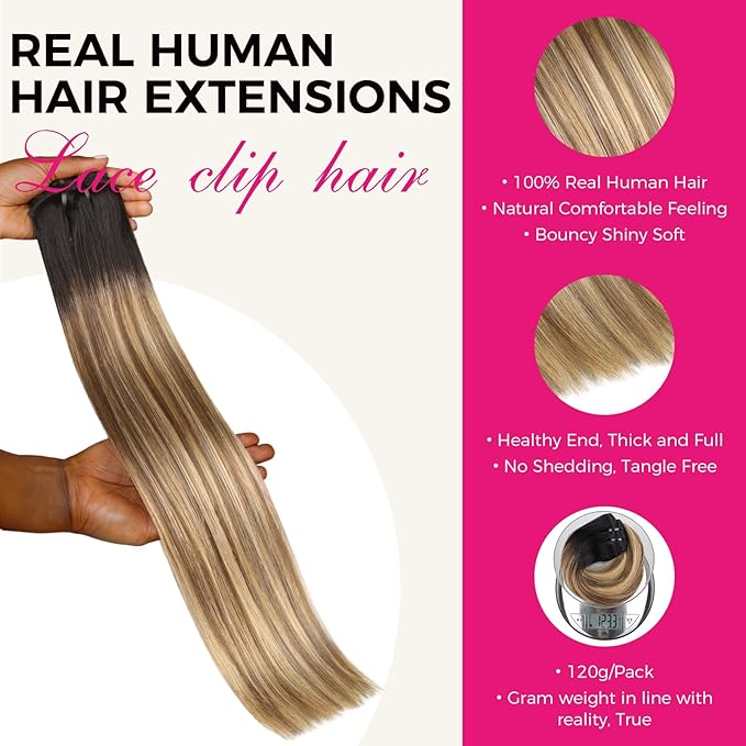 Lashey Clip in Hair Extesnions Real Human Hair 18 Inch 120g 7pcs Straight Clip in Hair Extensions Balayage Ash Brown to Honey Blonde with Dark Root Real Human Hair for Black Women