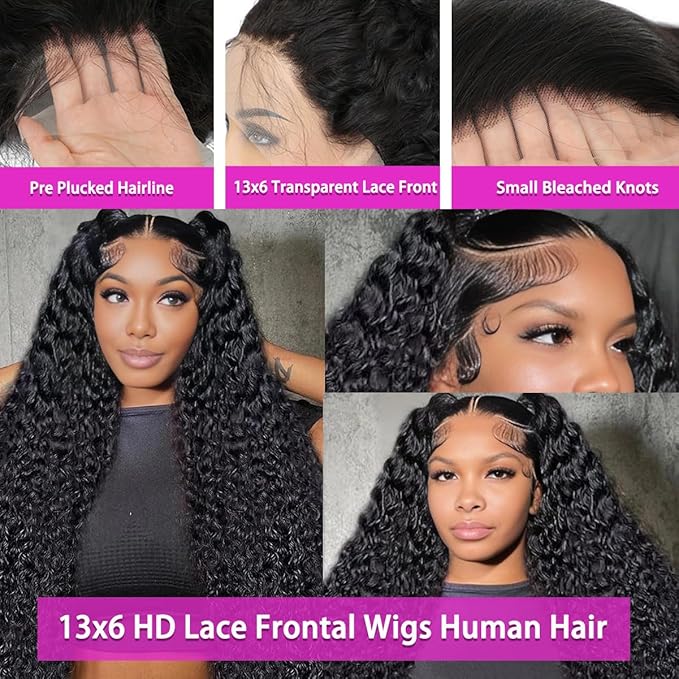 13x6 Deep Wave Lace Front Wigs Human Hair Pre Plucked Deep Curly Wig Human Hair Pre Plucked with Natural Hairline Wet and Wavy Lace Frontal Wig Natural Color 210% Density 30Inch