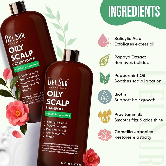 DEL SUR Clarifying Shampoo & Conditioner Set for Oily Scalp | 16 fl oz | with Camellia Japonica, Salicylic Acid, Papaya & Biotin | Oil Control for Oily Roots & Greasy Hair
