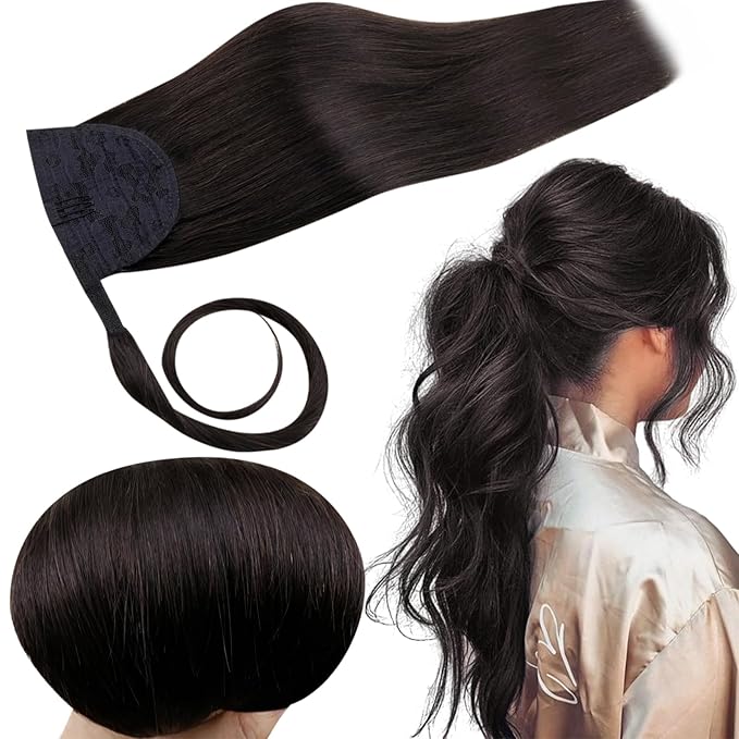 RUNATURE Human Hair Ponytail Black, Ponytail Extension Real Human Hair, Remy Ponytail Extension With Magic Paste, Soft Straight Hair Tangle Free, 16 Inch 80g #1B Off Black