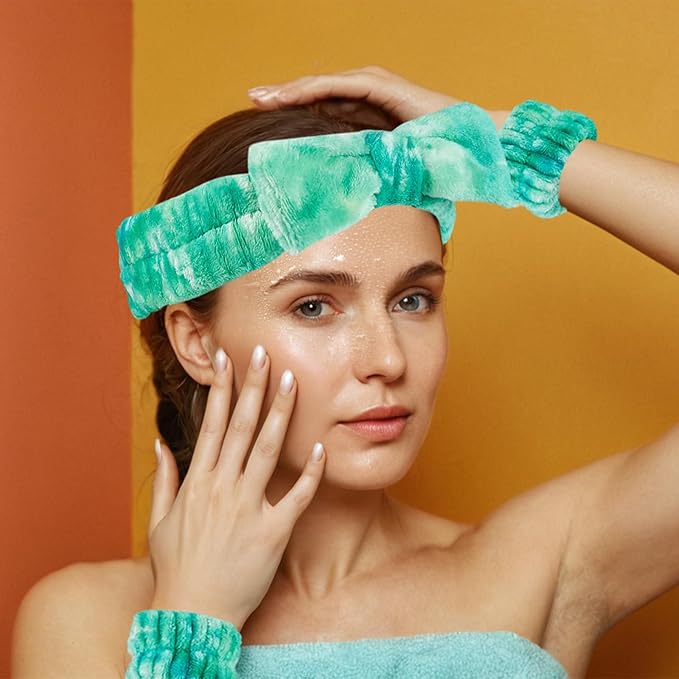 7 Pcs Spa Set, Facial Headband and Wristband Set, Skincare Accessories, College Style Girl Idea Gifts, Hair Accessories for Women and Girls (Tie Dye Green