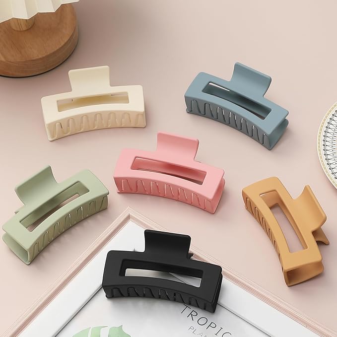 3.5 Inch Square Hair Clips for Women 6 Pack Hair Claw Clips Medium Claw Clips for Thick Thin Hair Rectangle Banana Jaw Hair Accessories for Women Girls -Basic