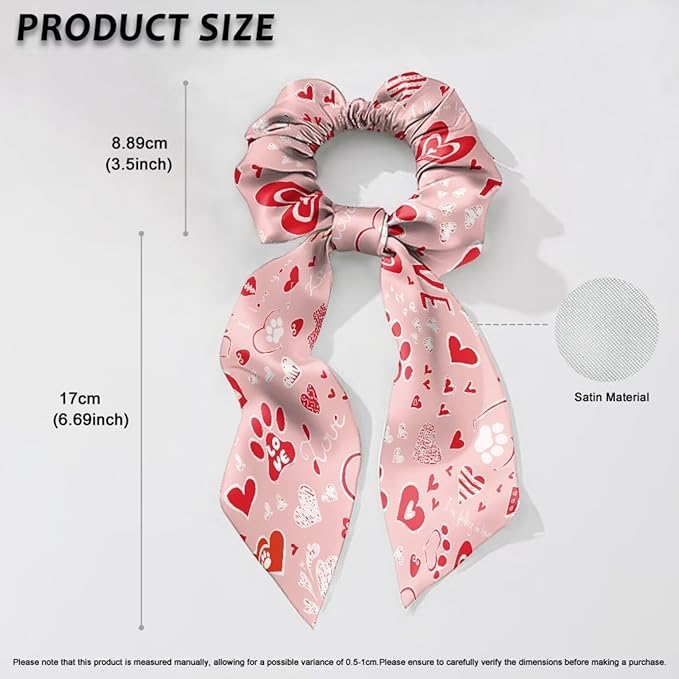 Heart Paw Print Satin Hair Ties for Thick Curly Hair Pink Knotted Bow Hair Scrunchies Soft Ribbon Scrunchy for Womens Pack of 2 for Valentine's Day