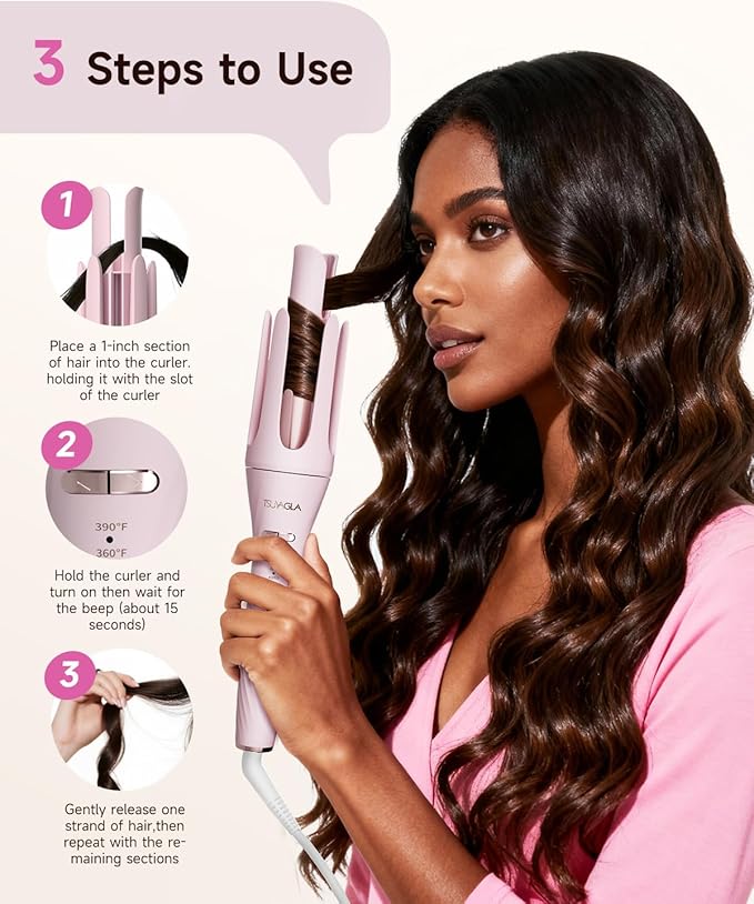 5 in 1 Auto Curling Iron Set with Interchangeable Barrels - 1", 1.25", 1.5" Curling Wand, Hair Crimper & Straightening Brush, Rotating Ceramic Curler, 3 Temp, Dual Voltage, Anti-Scald, Pink