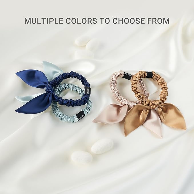 THXSILK Hair Silk Scrunchies with Bow for Women Pure Mulberry Silk Hair Cute Ring Ties Scrunchies for Girls Women's Thick Hair, Purple, 2.8"